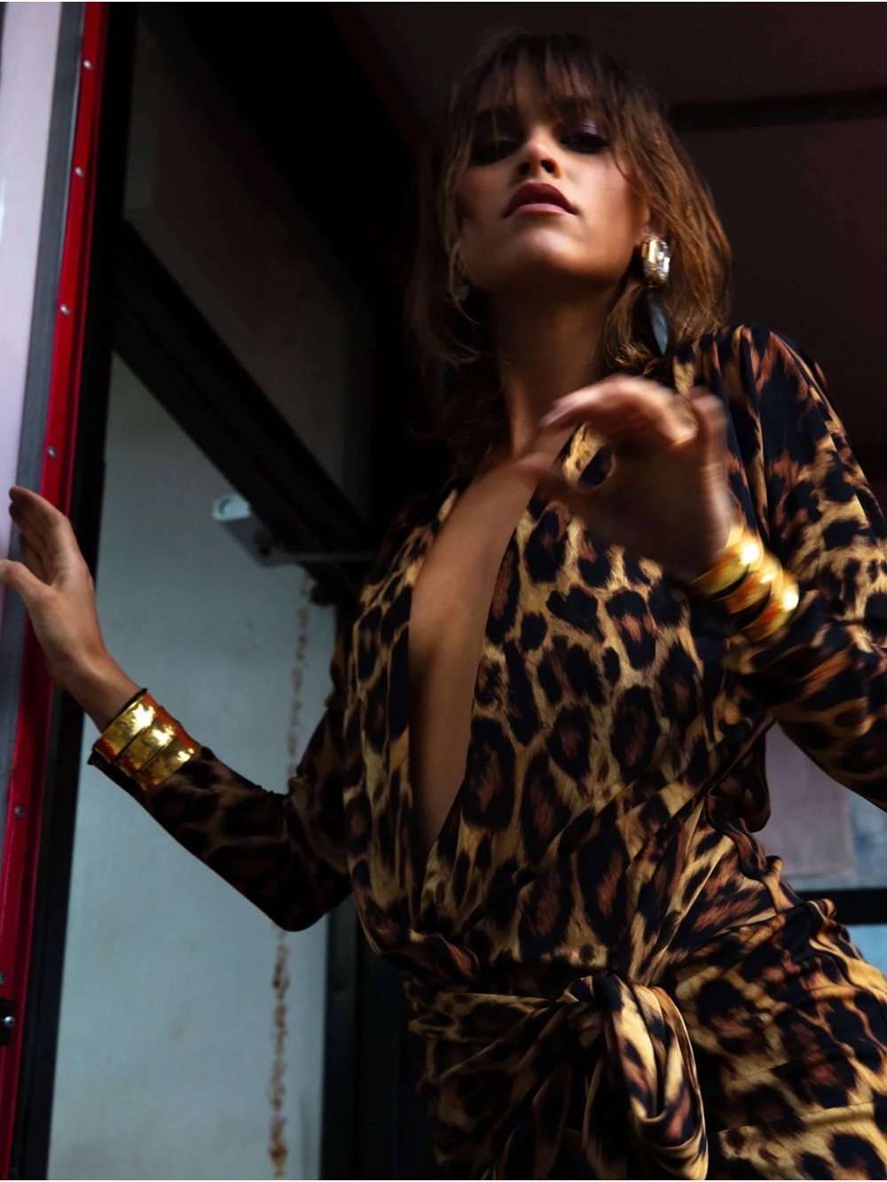 Rat & Boa Leopard Print Deep V Mini Dress in Brown and Black